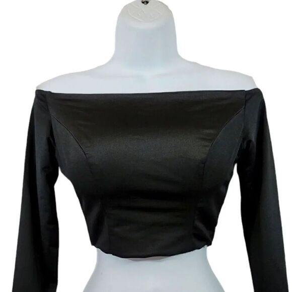 NEW Stretch Scuba Satin Off the Shoulder Longsleeve Crop Top in Black Size Small - Picture 5 of 7